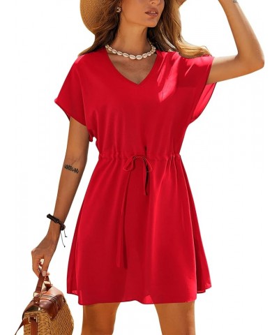 Womens Swimsuit Coverup Short Sleeve Beach Cover Up Dress V Neck Bikini Beachwear Style 2-Solid Color Red $14.66 Swimsuits