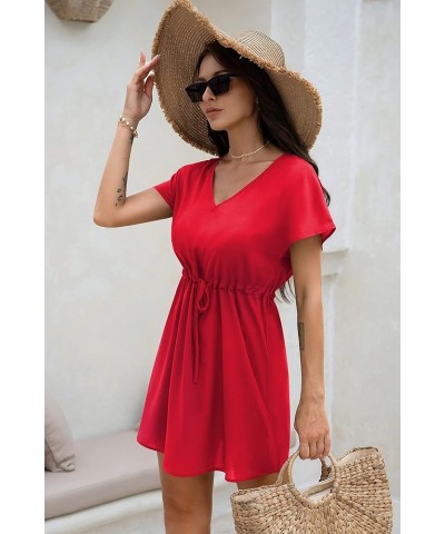 Womens Swimsuit Coverup Short Sleeve Beach Cover Up Dress V Neck Bikini Beachwear Style 2-Solid Color Red $14.66 Swimsuits