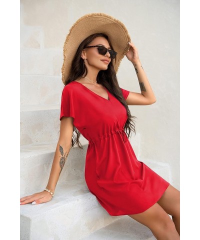 Womens Swimsuit Coverup Short Sleeve Beach Cover Up Dress V Neck Bikini Beachwear Style 2-Solid Color Red $14.66 Swimsuits