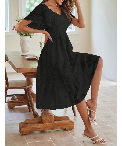 Womens 2024 Summer V Neck Ruffle Sleeve Floral Dress Lace Flowy Smocked Midi Dresses Black $23.50 Dresses