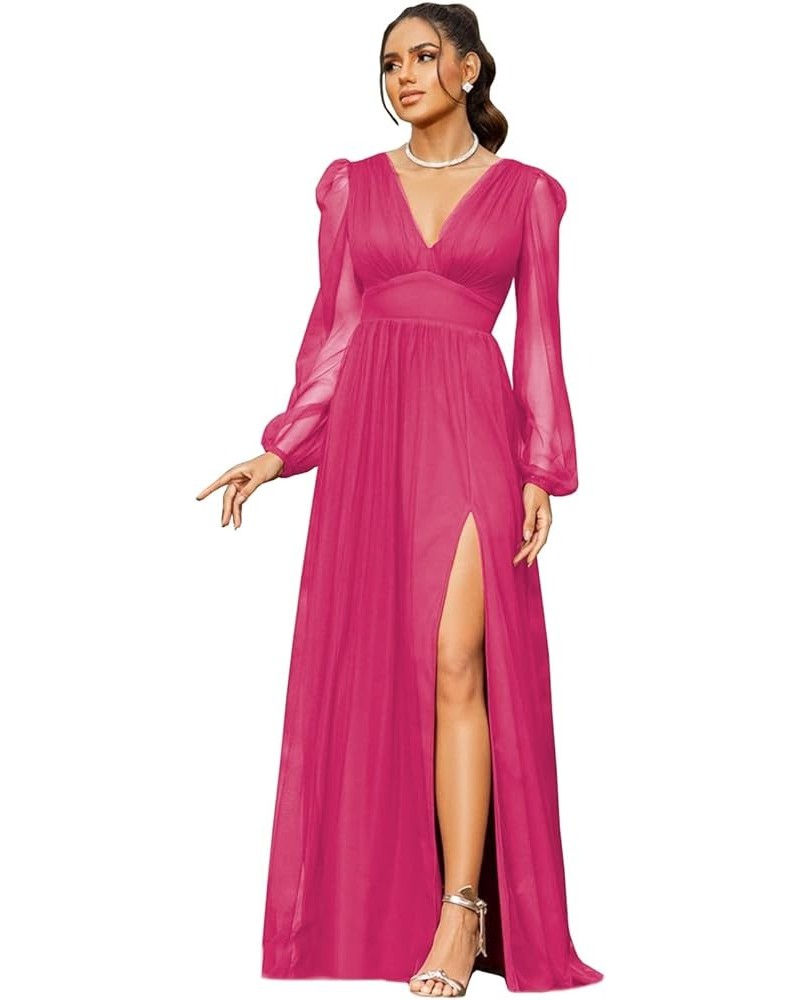 Women's V Neck Bridesmaid Dresses for Wedding Long Sleeves A-Line Chiffon Formal Gown with Slit Hot Pink $30.79 Dresses