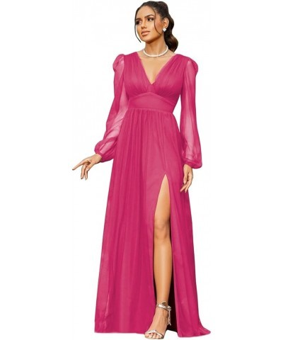 Women's V Neck Bridesmaid Dresses for Wedding Long Sleeves A-Line Chiffon Formal Gown with Slit Hot Pink $30.79 Dresses