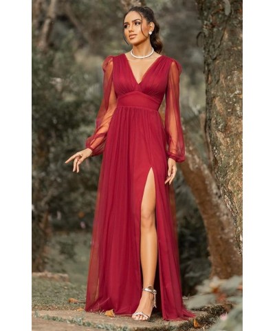 Women's V Neck Bridesmaid Dresses for Wedding Long Sleeves A-Line Chiffon Formal Gown with Slit Hot Pink $30.79 Dresses