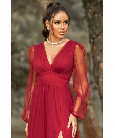 Women's V Neck Bridesmaid Dresses for Wedding Long Sleeves A-Line Chiffon Formal Gown with Slit Hot Pink $30.79 Dresses