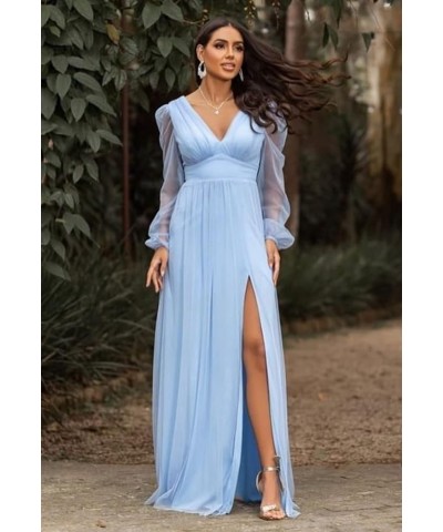 Women's V Neck Bridesmaid Dresses for Wedding Long Sleeves A-Line Chiffon Formal Gown with Slit Hot Pink $30.79 Dresses