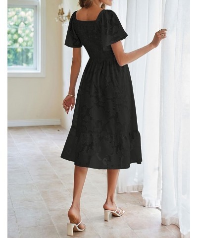 Womens 2024 Summer V Neck Ruffle Sleeve Floral Dress Lace Flowy Smocked Midi Dresses Black $23.50 Dresses