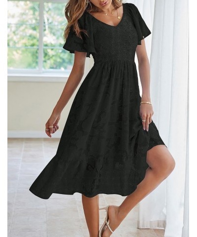 Womens 2024 Summer V Neck Ruffle Sleeve Floral Dress Lace Flowy Smocked Midi Dresses Black $23.50 Dresses