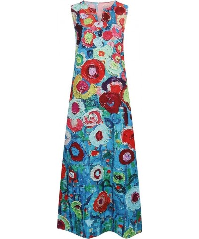 Summer Dresses for Women Floral Print Maxi Dress with Pockets Long Dress Sleeveless Sundress Blue $11.39 Activewear