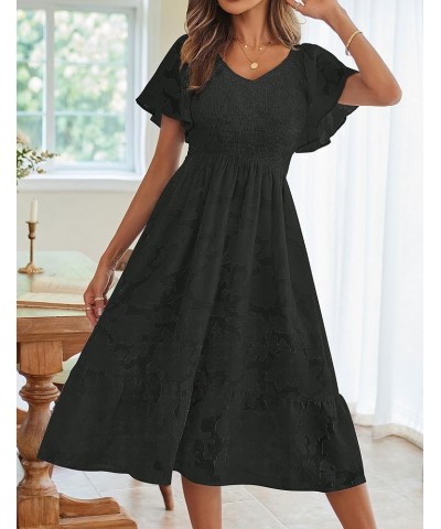 Womens 2024 Summer V Neck Ruffle Sleeve Floral Dress Lace Flowy Smocked Midi Dresses Black $23.50 Dresses