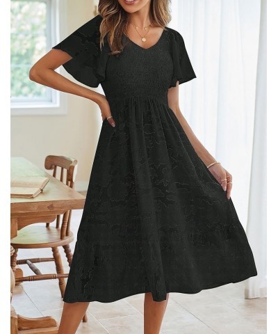 Womens 2024 Summer V Neck Ruffle Sleeve Floral Dress Lace Flowy Smocked Midi Dresses Black $23.50 Dresses