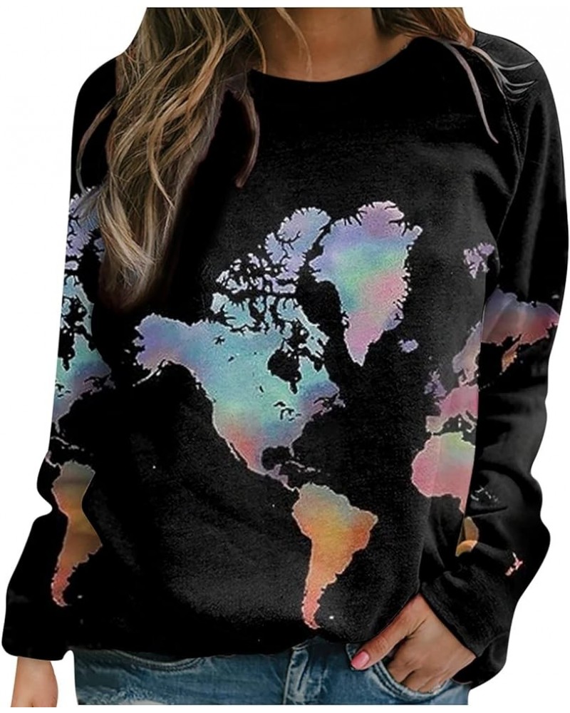 World Map Print Sweatshirt for Women Casual Trendy Crewneck Long Sleeve Shirts Soft Loose Tunic Tops Ladies Blouse Black $5.2...