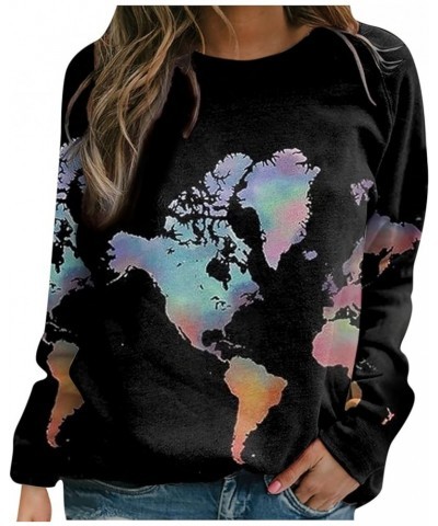 World Map Print Sweatshirt for Women Casual Trendy Crewneck Long Sleeve Shirts Soft Loose Tunic Tops Ladies Blouse Black $5.2...