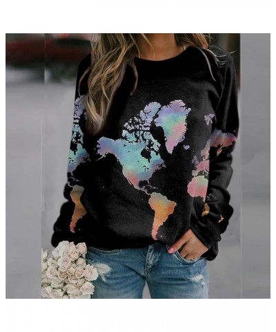 World Map Print Sweatshirt for Women Casual Trendy Crewneck Long Sleeve Shirts Soft Loose Tunic Tops Ladies Blouse Black $5.2...