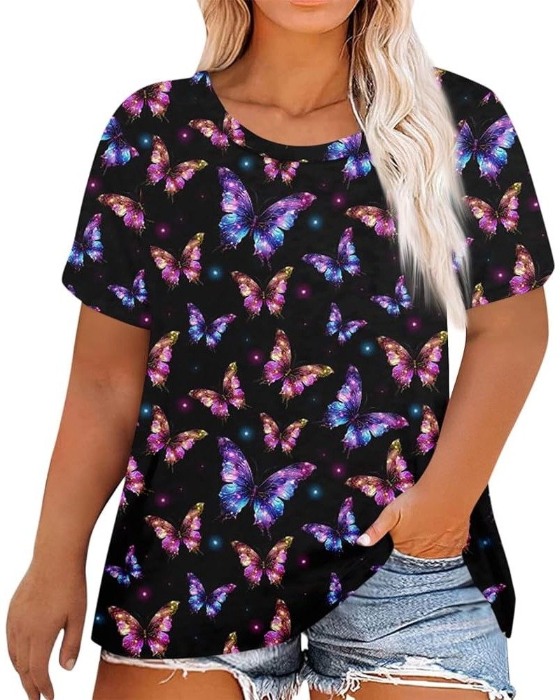 Oversized T Shirts for Women Camouflage Print Summer Short Sleeve Plus Size Butterfly Tops Loose Crew Neck Blouses W16-purple...