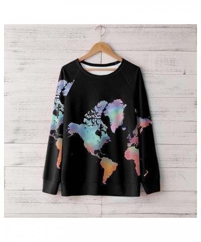 World Map Print Sweatshirt for Women Casual Trendy Crewneck Long Sleeve Shirts Soft Loose Tunic Tops Ladies Blouse Black $5.2...