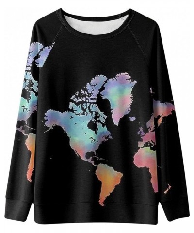 World Map Print Sweatshirt for Women Casual Trendy Crewneck Long Sleeve Shirts Soft Loose Tunic Tops Ladies Blouse Black $5.2...