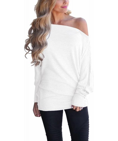 Womens Off Shoulder Loose Pullover Sweater Batwing Sleeve Knit Jumper Oversized Tunics Top White Medium $16.52 Sweaters