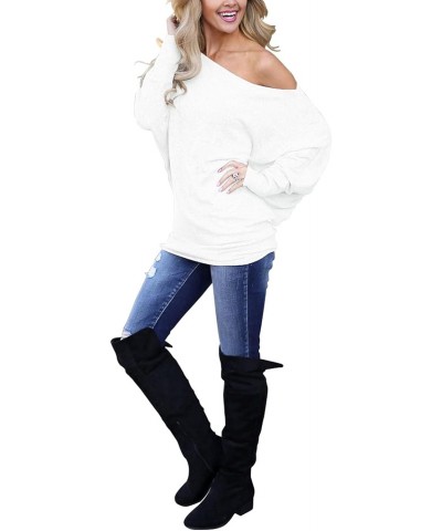 Womens Off Shoulder Loose Pullover Sweater Batwing Sleeve Knit Jumper Oversized Tunics Top White Medium $16.52 Sweaters