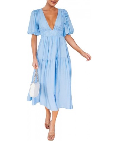 Women 2023 Summer Puff Sleeve Maxi Dresses Smocked Floral Dress Crewneck Lace Flowy Tiered Midi Dresses 1-light Blue $14.29 D...