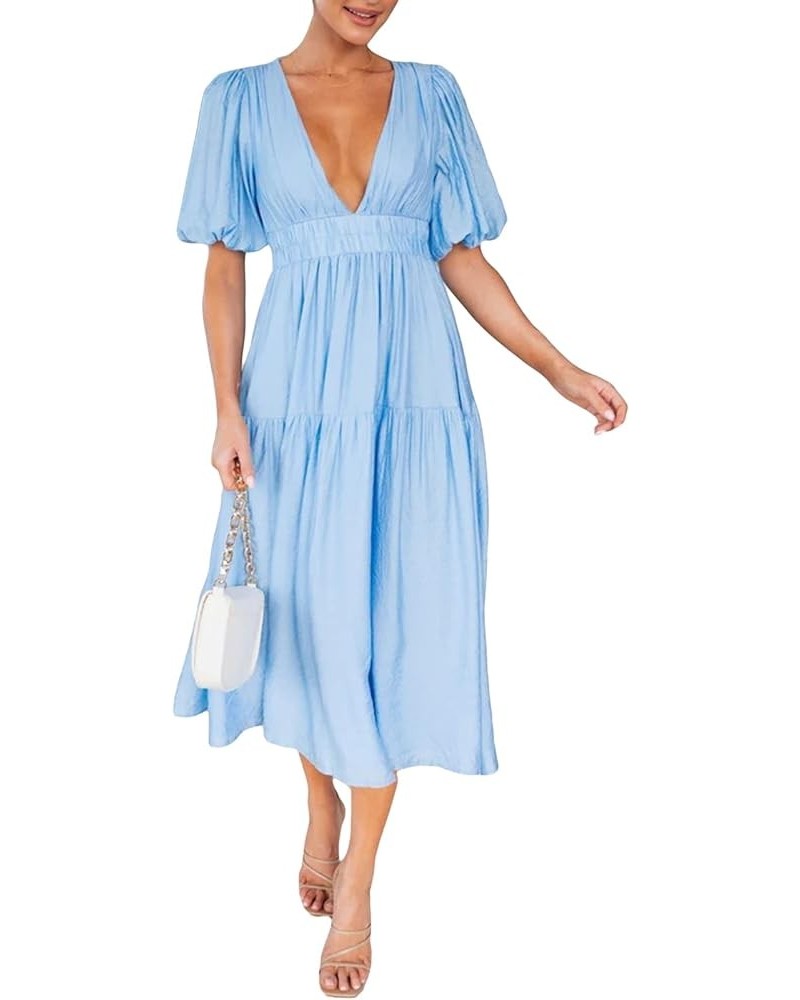 Women 2023 Summer Puff Sleeve Maxi Dresses Smocked Floral Dress Crewneck Lace Flowy Tiered Midi Dresses 1-light Blue $14.29 D...