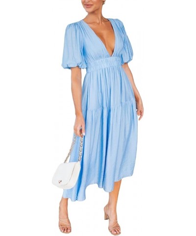 Women 2023 Summer Puff Sleeve Maxi Dresses Smocked Floral Dress Crewneck Lace Flowy Tiered Midi Dresses 1-light Blue $14.29 D...