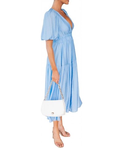 Women 2023 Summer Puff Sleeve Maxi Dresses Smocked Floral Dress Crewneck Lace Flowy Tiered Midi Dresses 1-light Blue $14.29 D...