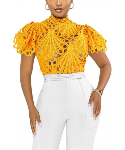 Women's Sexy Ruffle Long Sleeve Summer Lace Tops 2024 Puff Flare Shirt V Neck Hollow Out Button Down Tunic Blouses B-yellow-s...