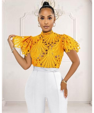 Women's Sexy Ruffle Long Sleeve Summer Lace Tops 2024 Puff Flare Shirt V Neck Hollow Out Button Down Tunic Blouses B-yellow-s...