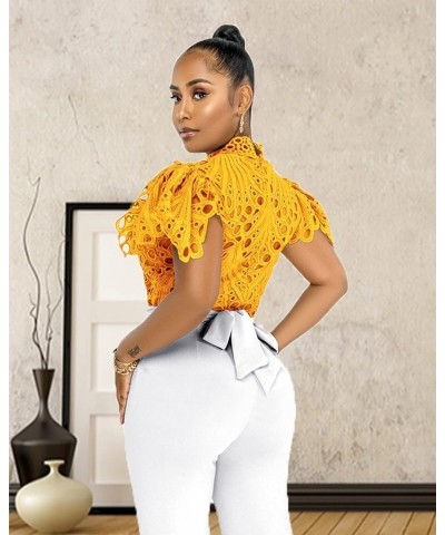 Women's Sexy Ruffle Long Sleeve Summer Lace Tops 2024 Puff Flare Shirt V Neck Hollow Out Button Down Tunic Blouses B-yellow-s...