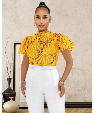 Women's Sexy Ruffle Long Sleeve Summer Lace Tops 2024 Puff Flare Shirt V Neck Hollow Out Button Down Tunic Blouses B-yellow-s...