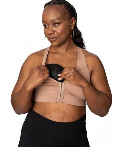 Front Closure Wirefree High Support Pocketed Mastectomy Racerback Sports Bra Sand $32.40 Lingerie