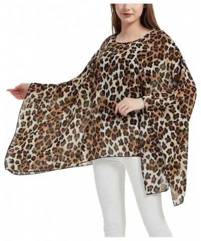 Womens Summer Solid Sheer Batwing Blouse Chiffon Caftan Poncho Tunic Top Plus Size Cover up Brown Leopard $11.19 Tops