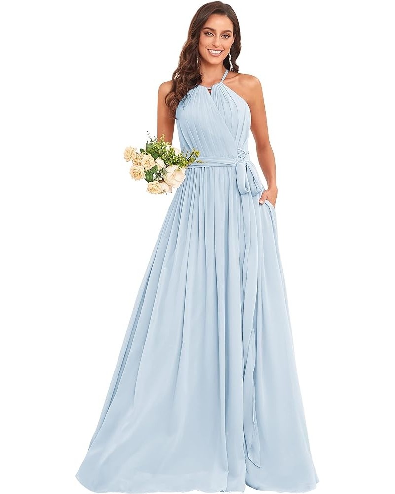 Women's Halter Bridesmaid Dresses for Wedding Chiffon Long Formal Prom Dress Wedding Guest Evening Gowns with Slit Light Blue...