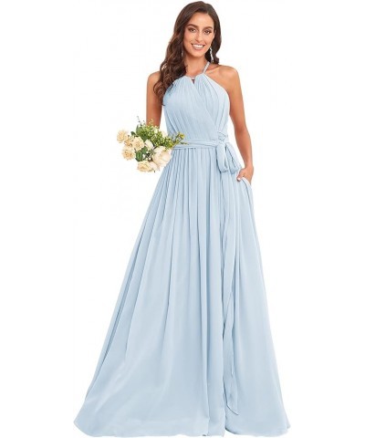 Women's Halter Bridesmaid Dresses for Wedding Chiffon Long Formal Prom Dress Wedding Guest Evening Gowns with Slit Light Blue...