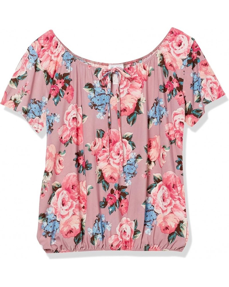 Women's Plus Size Short Slit Sleeve Keyhole-tie Peasant Top Mauve/Floral $13.81 Blouses