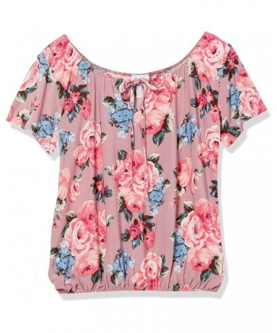 Women's Plus Size Short Slit Sleeve Keyhole-tie Peasant Top Mauve/Floral $13.81 Blouses