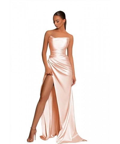 Women's Strapless Prom Dresses Long with Slit Pleated Satin Evening Party Gows CYM094 Peach Pink $34.79 Dresses