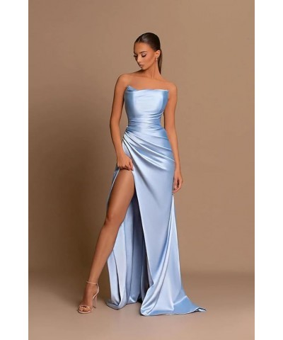 Women's Strapless Prom Dresses Long with Slit Pleated Satin Evening Party Gows CYM094 Peach Pink $34.79 Dresses