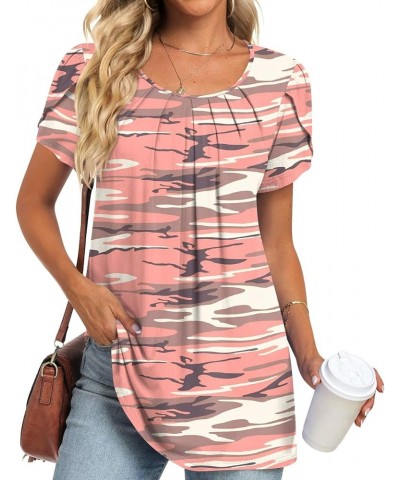 Women's Tops 2024 Summer Tunic Short Petal Sleeve Casual Shirts Pleated Blouses for Leggings Camouflage-pink $13.95 Tops