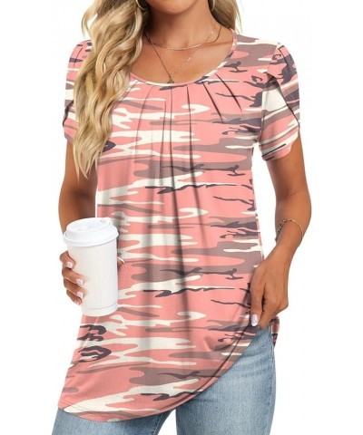 Women's Tops 2024 Summer Tunic Short Petal Sleeve Casual Shirts Pleated Blouses for Leggings Camouflage-pink $13.95 Tops