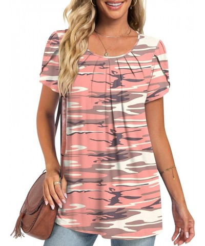 Women's Tops 2024 Summer Tunic Short Petal Sleeve Casual Shirts Pleated Blouses for Leggings Camouflage-pink $13.95 Tops