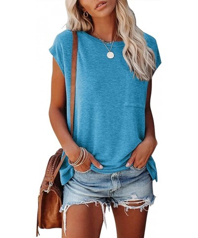 Women's Casual Cap Sleeve T Shirts Basic Summer Tops Loose Solid Color Blouse Lightblue $10.50 Blouses