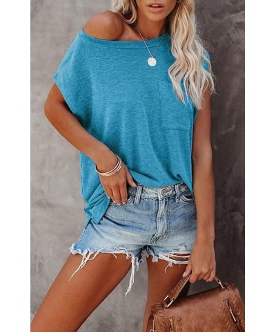 Women's Casual Cap Sleeve T Shirts Basic Summer Tops Loose Solid Color Blouse Lightblue $10.50 Blouses