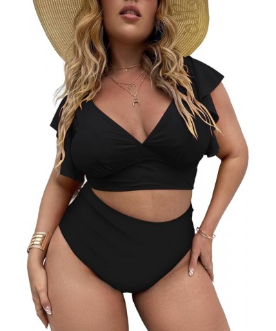 Women's Plus Size Ruffle Trim Floral Print High Waisted Bikini 2 Piece Swimsuits Black Solid $22.61 Swimsuits