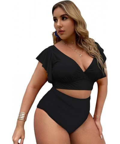 Women's Plus Size Ruffle Trim Floral Print High Waisted Bikini 2 Piece Swimsuits Black Solid $22.61 Swimsuits