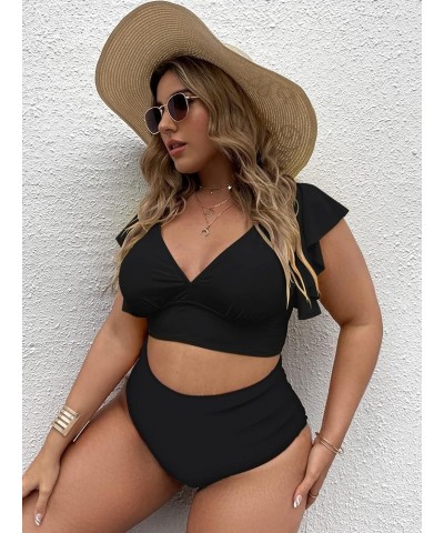 Women's Plus Size Ruffle Trim Floral Print High Waisted Bikini 2 Piece Swimsuits Black Solid $22.61 Swimsuits