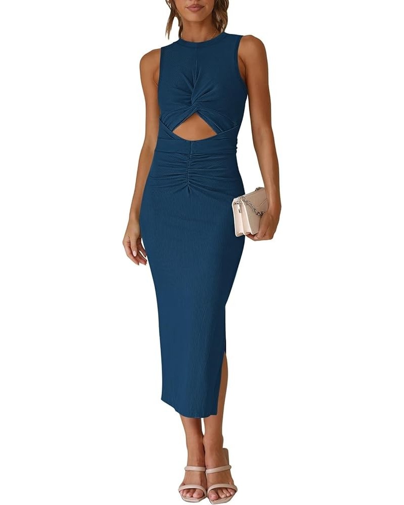 Women's Crew Neck Sleeveless Cutout Twist Ruched Slit Tie Back Ribbed Bodycon Midi Dress Dark Blue $23.09 Dresses