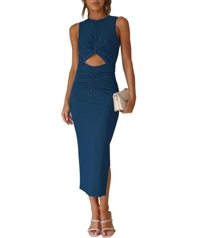 Women's Crew Neck Sleeveless Cutout Twist Ruched Slit Tie Back Ribbed Bodycon Midi Dress Dark Blue $23.09 Dresses