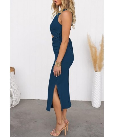 Women's Crew Neck Sleeveless Cutout Twist Ruched Slit Tie Back Ribbed Bodycon Midi Dress Dark Blue $23.09 Dresses