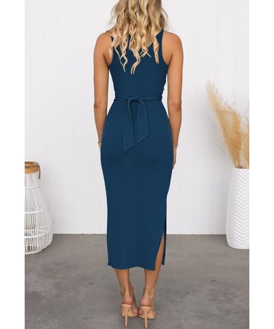 Women's Crew Neck Sleeveless Cutout Twist Ruched Slit Tie Back Ribbed Bodycon Midi Dress Dark Blue $23.09 Dresses